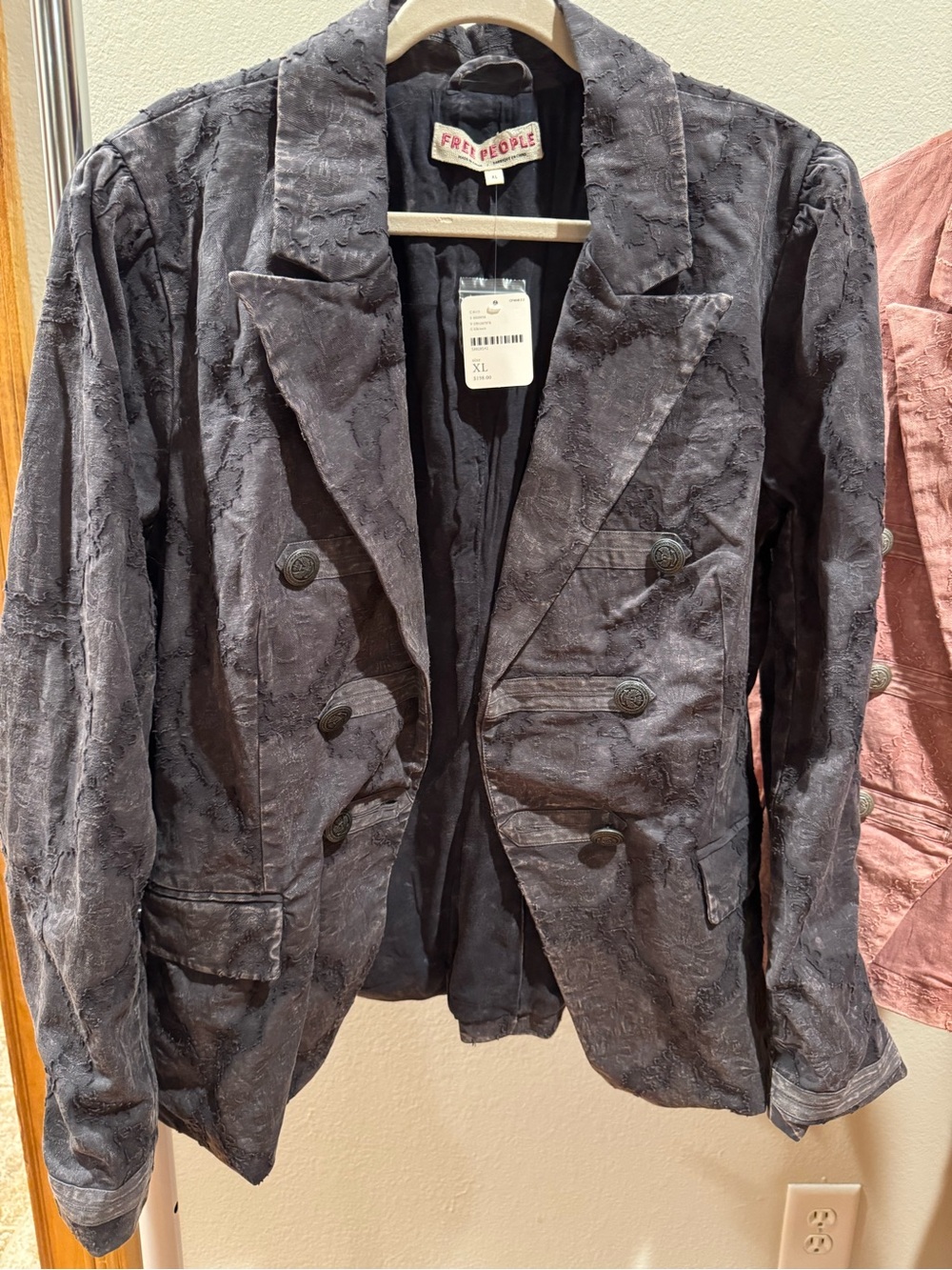 NWT $198 FREE PEOPLE Destroyed Damask Military Blazer! Sz XL Black